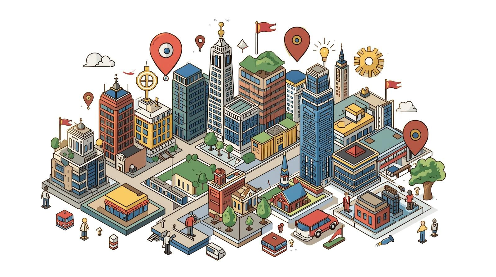 Illustration d'une ville avec ses rues et des points de destination pour venir chez Atipic