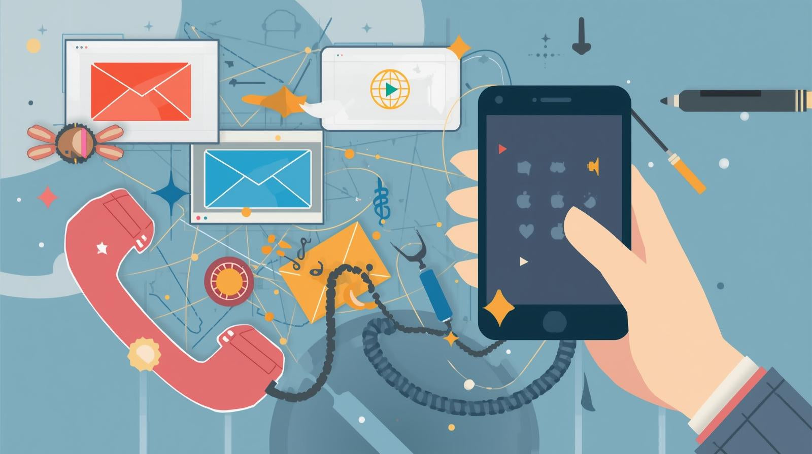 illustration avec un téléphone portable et différents pictogrammes pour contacter par mail