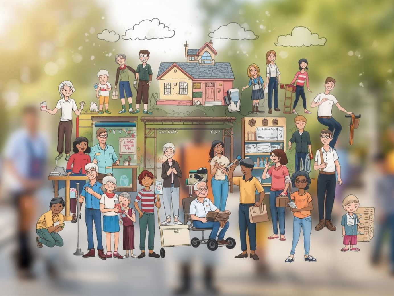 Illustration de plusieurs personnes travaillant et montrer le vivre ensemble pour une entreprise à but d'emploi.